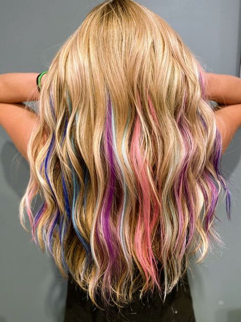 Hidden Highlights Hair Blonde, Multi Colored Highlights, Colorful Hair Tips, Rainbow Tips Hair, Multicolor Highlights, Kids Hair Dye Ideas, Rainbow Streaks In Blonde Hair, Rainbow Highlights Hair Brown, Brown Hair Rainbow Highlights