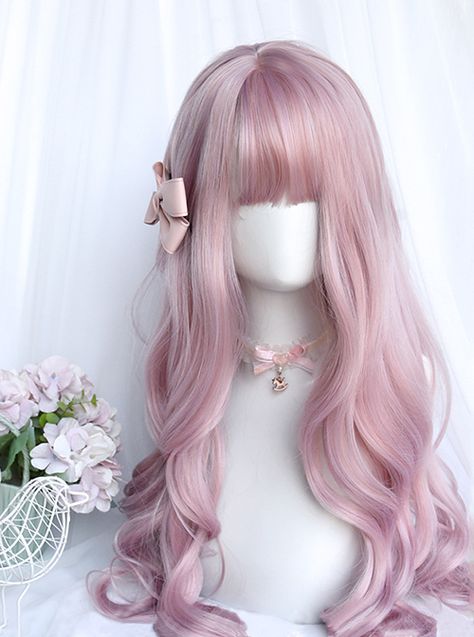 Sweet Pink Simple Big Waves Air Bangs Classic Lolita Long Hair Wigs Kawaii Wigs Long, Intricate Hairstyles, Pink Wigs, Basic Hairstyles, Hair Front, Kawaii Hair, Kawaii Wigs, Pastel Jewelry, Air Bangs