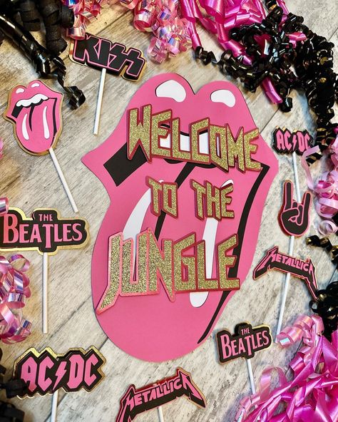 "Complete your Rock N Roll themed event with this customizable rock mouth table sign! This listing is for the table sign only. Cupcakes toppers, banner, cake topper, band logos and monthly milestone banner are also available in this theme, but sold seperately Available wording options include: \"Name\" Rocks (can use a name up to 8 letters) One Rocks Pour Some Sugar on Me Free Tattoos Born To Rock Another ONE Bites the Dust \"Name\" Rocks Happy Birthday \"Name\" Born Two Rock Size: approximately 11\" tall x 10\" wide. This sign is not free standing and will require a stand if you'd like it sit upright (which is not included). LET'S BE SOCIAL Follow Beautiful Chaos Banners on any of our social media platforms to get first looks at new products, special discounts, giveaways, and more **Insta Pink Rock N Roll Party, Rock And Roll Birthday Diy, Welcome To The Jungle Rock And Roll Party, Rock N Roll Theme Birthday Party, Rock Theme Classroom, Rocking First Birthday, 50th Rock N Roll Birthday Party, Rock N Roll Themed Party, Born Two Rock Birthday Food