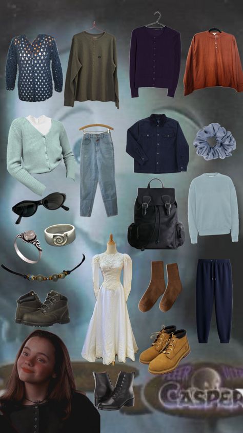 Wardrobe inspired by Kathleen “Kat” Harvey played by Christina Ricci in 1995 “Casper” Kat Harvey, Casper 1995, Harvey Outfits, Christina Ricci, Cute Fits, Halloween Diy, Halloween Costumes, Fashion Inspo, Collage