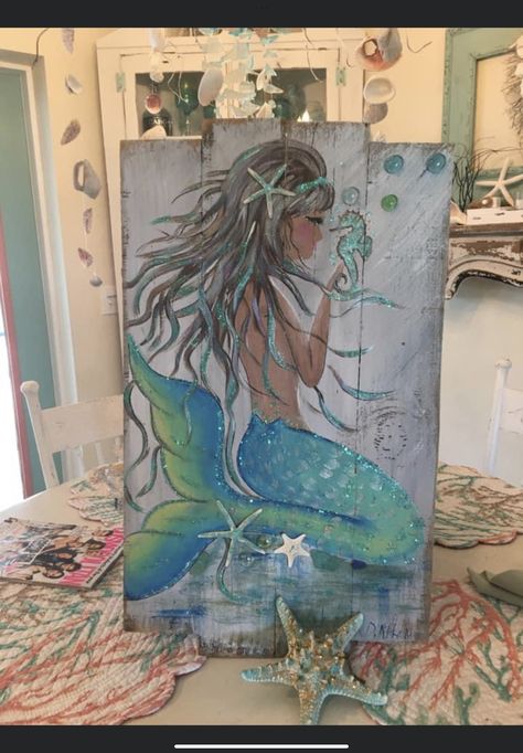 Mermaid Painting On Wood, Seahorse Bathroom, Mermaid Art Painting, Mermaid Paintings Acrylic, Mermaid Paintings, Mermaids On Wood, Painted Mermaid, Hantverk Diy, Coastal Fall