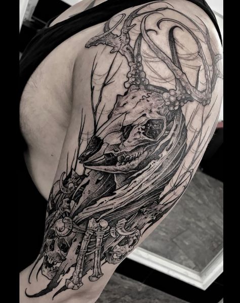 Dark Realism Tattoo, Cosmic Horror Tattoo, Wendigo Tattoo, Witcher Tattoo, Moth Tattoos, Wörter Tattoos, Satanic Tattoos, Nature Tattoo Sleeve, Cool Arm Tattoos