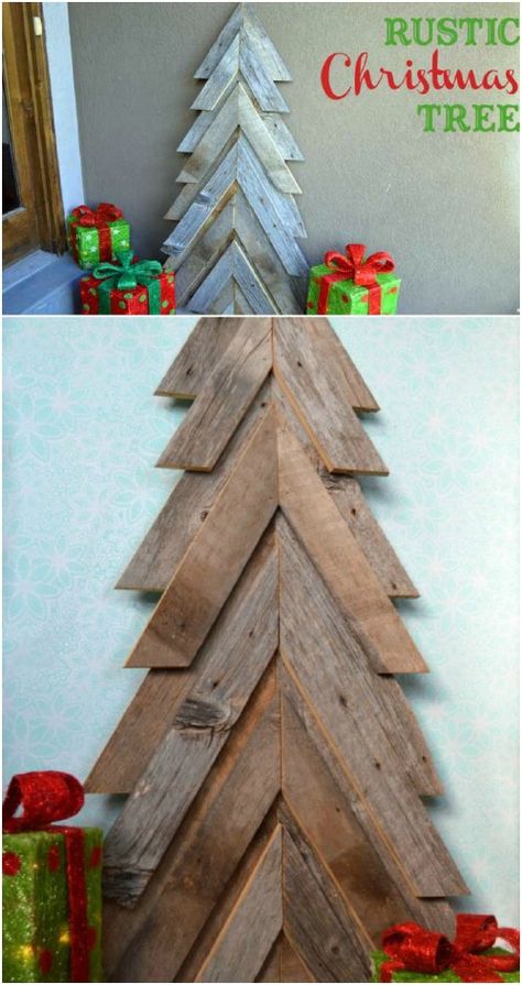 What could possibly be better than an old-fashioned, rustic Christmas? If you love that country look, and you want nothing more than to bring it home for the holidays, I’ve got a treat for you. I’ve collected 40 unique and really easy ways that you can create a rustic look with your Christmas... Pallet Christmas Tree, Pallet Christmas, Wooden Christmas Tree, Pallet Crafts, Rustic Christmas Tree, Christmas Decorations Rustic, Into The Woods, Noel Christmas, Wooden Christmas