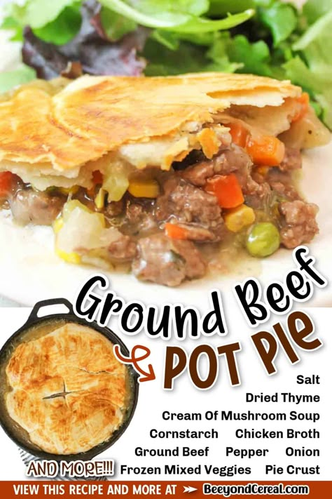 This ground beef pot pie is simple and easy to make. A savory meaty filling packed with veggies and flavor and topped with a golden buttery crust, what else could you want? Using frozen veggies and a storebought crust this ground beef pot pie with cream of mushroom soup is as easy as it gets. Cooked together in one large skillet, the flavors really have time to develop before baking, which is ideal for a flavorful pie. Ground Beef Pie Crust Recipes, Beef Pot Pie Hand Pies, Ground Beef Pot Pie With Biscuits, Ground Beef Pot Pie With Puff Pastry, Ground Beef Pie Crust, Ground Beef Pot Pie Recipe Easy, Hamburger Pot Pie Ground Beef, Hamburger Pie With Pie Crust, Meat Pies Ground Beef With Pie Crust