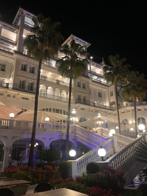 Malaga Spain palace architecture hotel seaside beach nighttime scene Palace Hotel, Malaga, Europe Travel, Palace, Spain, Hotel, House Styles