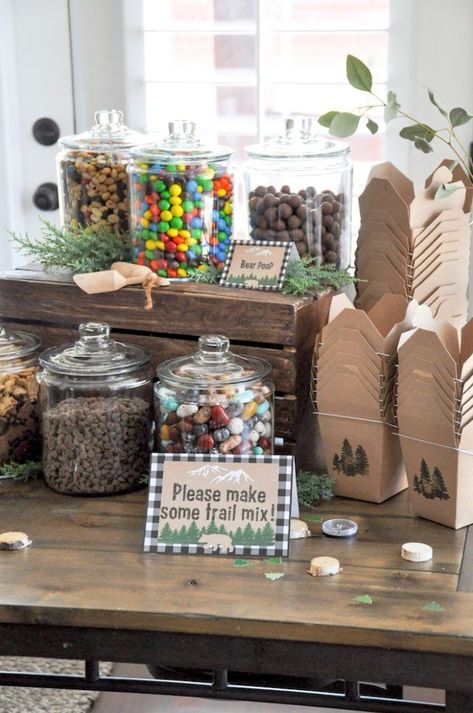 Woodland Trail Mix Bar, Baby Shower Trail Mix Favors, Make Your Own Trail Mix Station, Trail Mix Baby Shower Favors, Wolf Theme Baby Shower Ideas, Little Camper Baby Shower Ideas, Wolf Party Ideas For Kids, Trail Mix Bar Make Your Own, Woodlands Baby Shower Theme