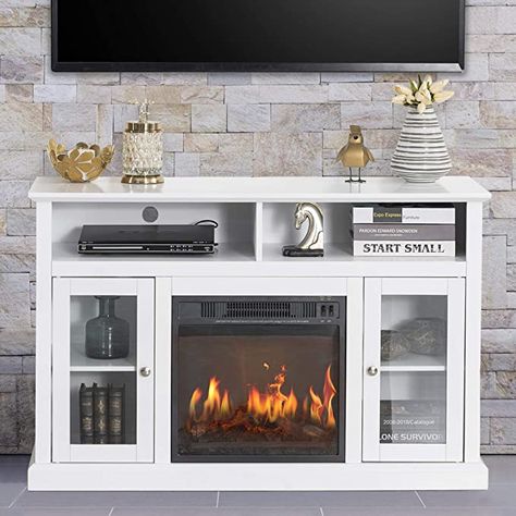 AmazonSmile: GOOD & GRACIOUS Electric Fireplace TV Stand, Fit up to 50" Flat Screen TV with Two Tempered Glass Cabinet Entertainment Center for Living Room, White: Furniture & Decor Electic Fireplace, Inside Cabinet, Mirror Doors, Fireplace Entertainment Center, White Tv Stands, Modern Entertainment Center, Fireplace Entertainment, Farmhouse Tv Stand, Electric Fireplace Tv Stand