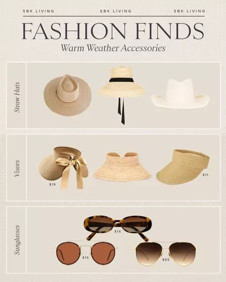 FASHION \ warm weather accessories from straw hat, visor options. sunglasses perfect for Spring and Summer weather. Shop my favorites! | SBK Living Visor Outfit, Straw Hat Outfit, Summer Fashion Accessories, Summer Weather, Summer Fashion Outfits, Affordable Clothes, Straw Hat, Roll Up, Warm Weather