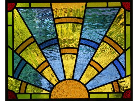 Stained glass windows by John Yeo Stained Glass Sunburst, Sky Stained Glass Window, Contemporary Stained Glass Panels, Hall Window, Stained Glass Sun Rays, Glass Art Painting, Sunrise Stained Glass Window, Sun Panels, Sun And Moon Stained Glass Window