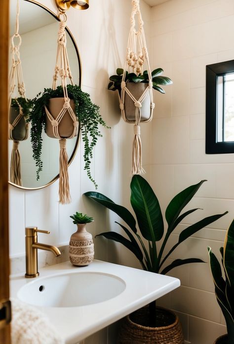 29 Boho Powder Room Ideas Yoga Studio Bathroom Ideas, Small Bohemian Bathroom, Boho Powder Room Ideas, Bathroom Boho Decor Ideas, Boho Powder Room, Half Bath Decor Ideas, Boho Farmhouse Bathroom, Bohemian Candle, Half Bath Decor