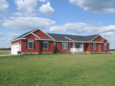 Red Siding House Exterior, Red Exterior House Colors, Red House Exterior, Best Exterior House Paint, Modular Home Builders, Exterior House Colors Ranch Style, Ranch House Exterior, Ranch Exterior, Exterior House Color