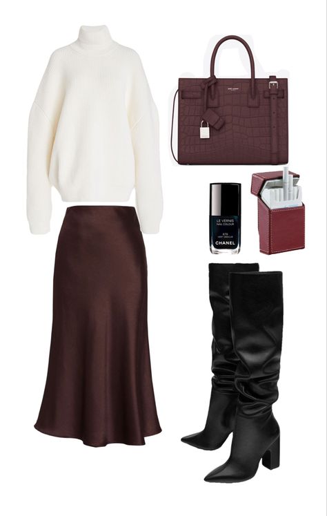 Maxi Dress And Jumper Outfit, Silk Skirt Fall Outfit, Beige Midi Skirt Outfit, Brown Skirt Outfit Ideas, Skirt Boots, Day Fashion, Classy Work Outfits, Modest Fashion Outfits, Complete Outfits