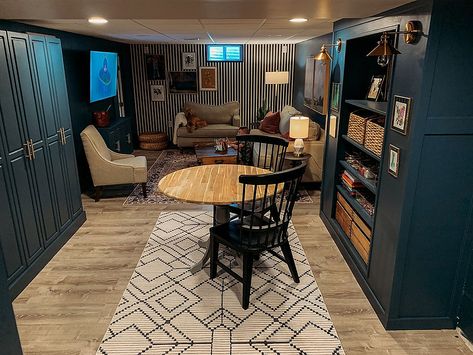 One Room Challenge Week 8: The Big Reveal! Navy Blue Basement, Navy Basement, Painting Basement Walls, Blue Basement, Blue Room Paint, Basement Refinishing, Basement Redo, Bold Paint Colors, Navy Paint