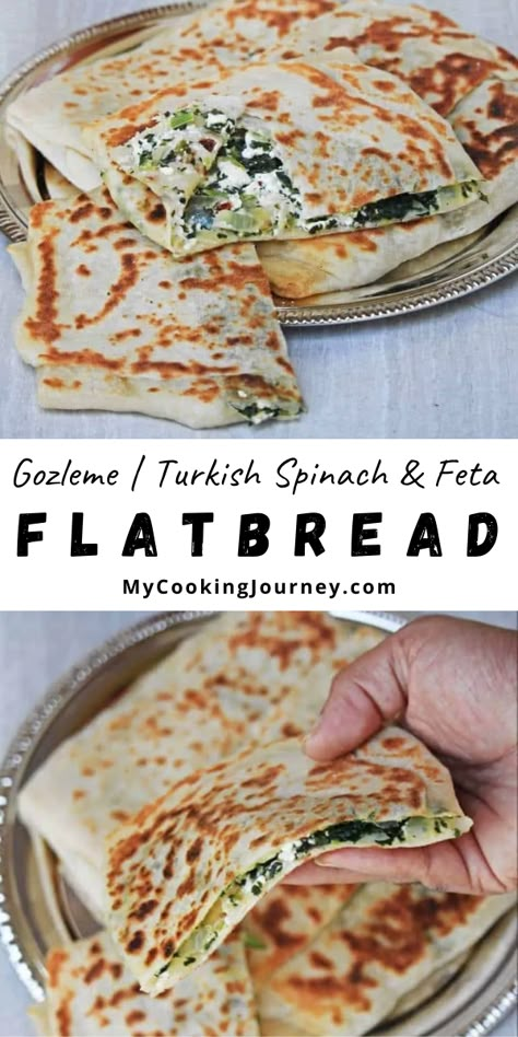 Spinach And Feta Gozleme, Feta Stuffed Flatbread, Feta Spinach Recipes, Feta Flatbread, Feta Bread, Gozleme Recipe, Turkish Flat Bread, Arabisk Mad, Feta Cheese Recipes