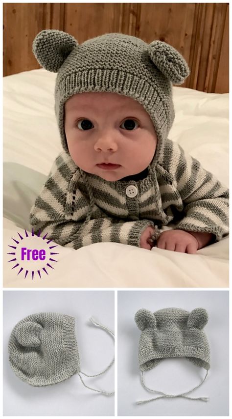 Knit Bearly Bear Bonnet Hat Free Knitting Pattern Jaket Crochet, Perlengkapan Bayi Diy, Hat Free Knitting Pattern, Knitted Bear, Pola Topi, Baby Hat Knitting Pattern, Hat Patterns Free, Pull Bebe, Baby Hat Patterns