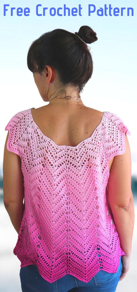 Today I'm gonna show you a simple lacy chevron blouse which is suitable to wear on these hot summer days. You can even make a drees with same pattern. My yarn; Alize Diva Ombre Batik. Chevron Crochet Top Pattern, Crochet Chevron Top Free Pattern, Crocheted Top Pattern, Crochet Chevron Top, Crochet Chevron Hat, Pink Crochet Top, Crochet Blouse Free Pattern, Crochet Blouse Pattern, Crochet Chevron