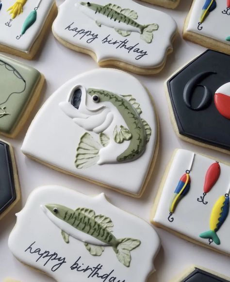 Fishing Birthday Party Cookies, Gone Fishing Cookies Decorated, Cookies Fishing Theme, Fish Themed Cookies, Fish Decorated Cakes, Bass Fish Cookies, Fishing Cookies Royal Icing, Fishing Themed Cookies, Air Brushed Cookies