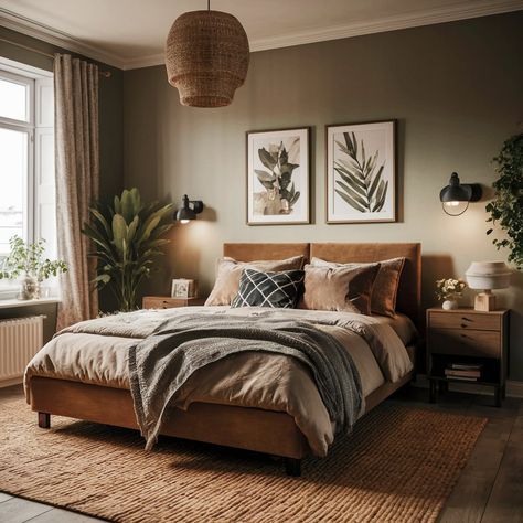 Neutral Bedroom Brown Furniture, Earth Tones Master Bed, Earthy Natural Bedroom, Walnut Bedroom Furniture Decor, Espresso Wood Bedroom, White And Brown Bedroom Aesthetic, Brown Furniture Bedroom Aesthetic, Brown Furniture Bedroom Ideas, Bedroom Inspirations Dark Wood