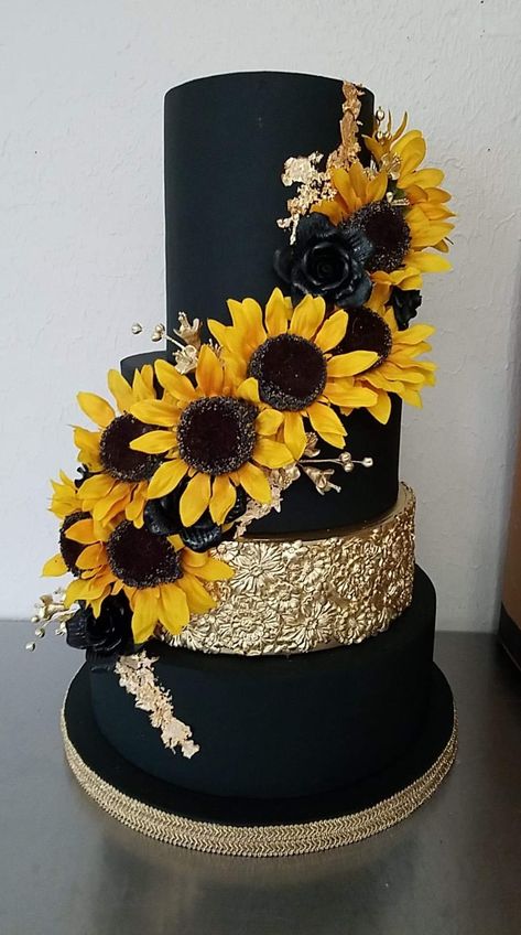 Black And Gold Sunflower Party, Black Sunflower Quinceanera Dress, Black Roses With Sunflowers, Wedding Cake Designs Sunflower, Gold And Sunflower Wedding, Quinceanera Dresses Sunflower, Sunflowers And Black Roses, Sunflower Quince Theme, Black And Sunflower Wedding Decor