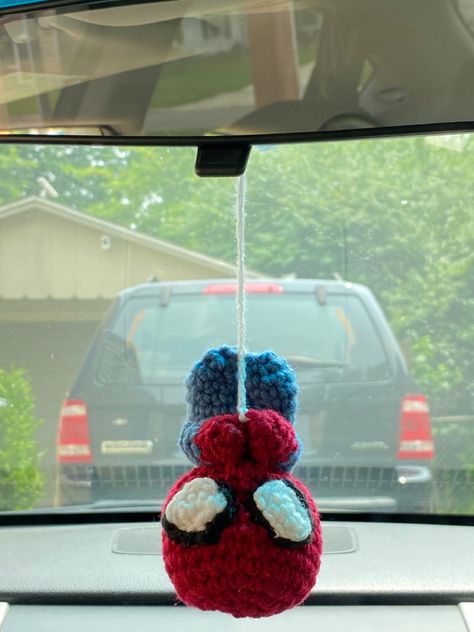 Crochet spiderman for rear view mirror Crochet Gift Idea For Boyfriend, Spiderman Car Decoration, Spider Man Crochet For Car, Crochet Hanging Spiderman Pattern, Hanging Spider-man Crochet, Crochet Men Gifts Ideas, Crochet Gift For Man, Crochet Hanging Spiderman, Spiderman Crochet Plushie