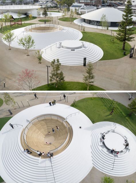 Japanese architecture firm nendo have recently completed the Cofufun plaza for Tenri Station in Nara prefecture, that features plenty of space for the local community to use for events and gatherings, and would also serve as a tourist information centre. Architecture Courtyard, Beautiful Place In The World, Creative Architecture, Urban Furniture, Landscape Plans, Tourist Information, Japanese Architecture, Local Community, Architecture Presentation