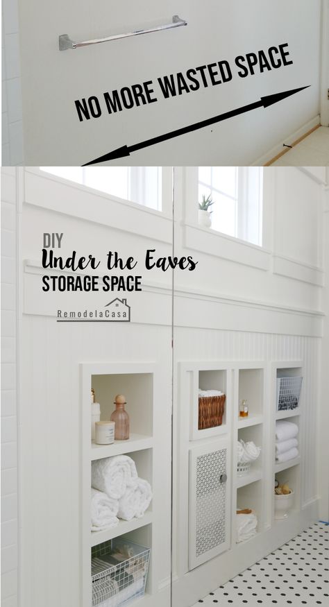 LOVE it! A small bathroom get a good amount of storage carved out of the attic space!! #thdprospective Built In Vanity In Bathroom, Attic Bathroom Ideas Slanted Ceiling, Attic Bathrooms, Sloped Ceiling Bathroom, Eclectic Bathroom Decor, Built In Bathroom Storage, Bathroom Built Ins, Attic Bathroom Ideas, Small Attic Bathroom