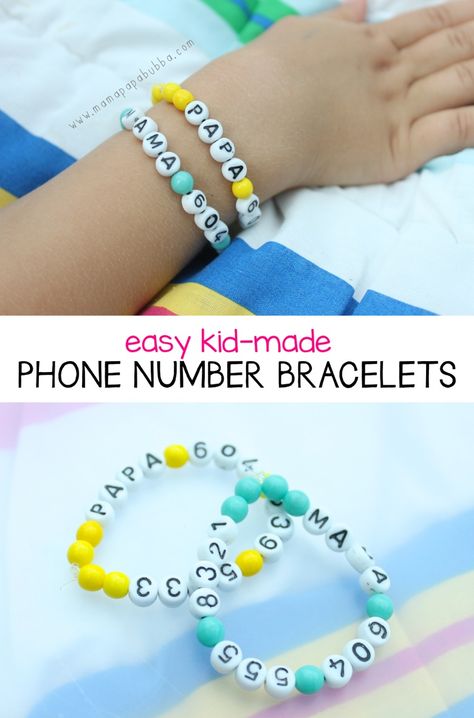 Easy Kid-Made Phone Number Bracelets - Mama.Papa.Bubba. Phone Number Bracelet, Make Beaded Bracelets, Number Bracelets, Kid Hacks, Future Mom, Fun For Kids, Baby Life, Easy Kids, Future Kids