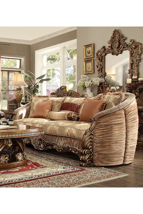 $4,699 - Cozy on up onto our HD-1601 Sofa Set! Its Bundled Fabric comes off as Warm and Inviting. Pair it with our HD-8018 Coffee Table Set to complete the look! Visit our Website to see more.  #livingroom #livingroomideas #homedecor #interiordesign #luxury #vintage #victorian #antique #homedecorideas #interiordesignideas #decor #sofa #furniture #homeydesign #palacehomefurniture Gold Sofa, Sofa Manufacturers, Traditional Sofa, Luxury Fabric, Ornate Furniture, Brown Sofa, Wood Trim, Reclining Sectional, Bedroom Sets