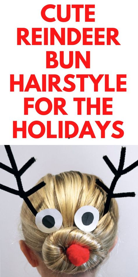 Reindeer Bun Hairstyle: Looking for a cute Christmas hairstyle? Here is an adorable bun hair tutorial for kids. This is a holiday hairstyle you will love. Xmas Hairstyles For Kids, Reindeer Hair Bun, Crazy Hair Day Christmas, Simple Hair Tutorial, Hairstyles For Children, Nanny Diaries, Reindeer Hair, Thanksgiving Hairstyles, Christmas Hairstyle