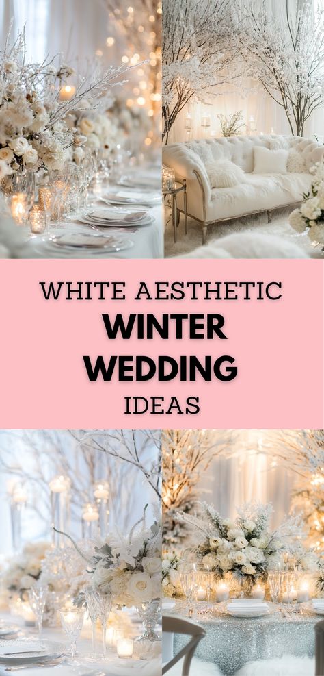 Elegant white winter wedding decor featuring a snowy backdrop, soft lighting, and chic table settings perfect for a winter wonderland celebration. White Winter Wonderland Wedding, Winter Wonderland Wedding Table Decor, Winter Weddings Outside, Christmas Winter Wonderland Theme Decor, Black And White Winter Wedding, White Christmas Wedding, White On White Wedding, Winter Wedding Aesthetic, Wonderland Wedding Decorations