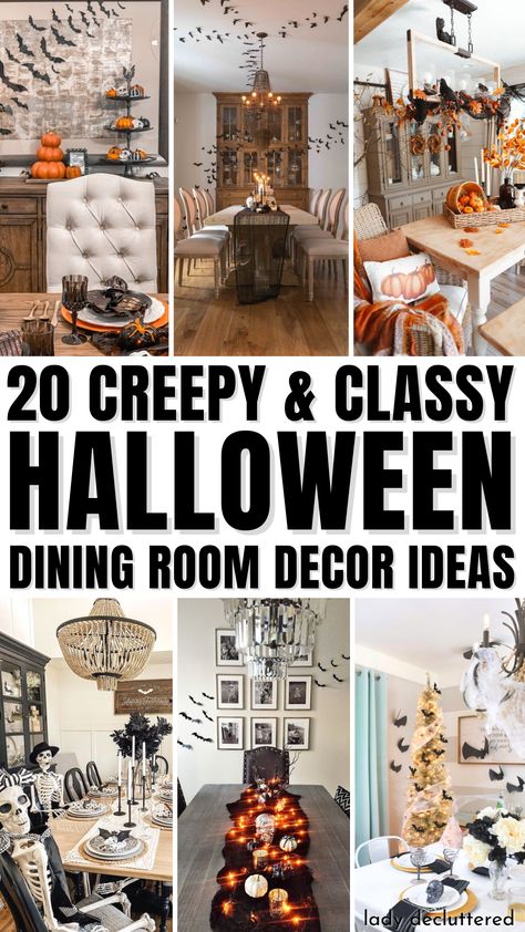 20 Creepy & Classy Halloween Dining Room Decor Ideas Halloween Decor Dining Table, Dining Room Halloween Decorations, Dining Room Halloween, Farmhouse Halloween Dining Table Decor, How To Incorporate Halloween Into Fall Decor, Not Tacky Halloween Decor, Formal Dining Room Halloween Decor, Halloween Decor Buffet Table, In Home Halloween Decor