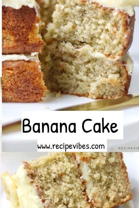 Banana cake with a slice cut out and served on a plate. Banana Cake With Cake Flour, Banana Cakes Ideas, Soft Fluffy Cake Recipe, Healthy Sponge Cake Recipe, Light Banana Cake, Banana Smash Cake Recipe 1st Birthdays, Banana Bread Birthday Cake, Banana Sponge Cake Recipes, Baby Friendly Cake Recipe