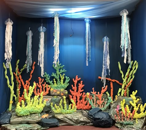 Ocean Stage Decorations, Little Mermaid Stage Sets, Under The Sea Set Design, Underwater Stage Design, Underwater Set Design, Under The Sea Stage Decorations, Underwater Installation, Ocean Props, Under The Sea Prom