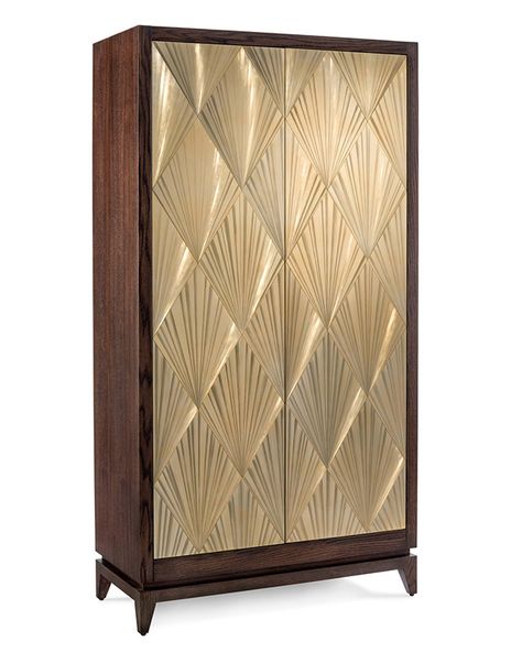 Jonh Richard's Art Deco armoire has the pop of gold offset by the dark wood frame. Mini Bar Design, Furniture Checklist, John Richard Collection, Art Deco Furniture, Furniture Bedroom, Estilo Art Deco, Wooden Cabinets, Wardrobe Design, Art Deco Interior