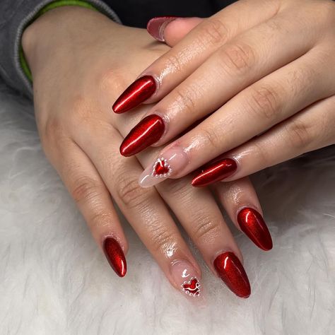 Red chrome nails❣️ • • • • • • • #nailsnailsnails #nails #nailart #nailsofinstagram #nailaddict #nailtech #nailtechnician #nailtrend #nailart #newarknj #newarknails #newarknailtech #begginernailtech #redchrome #redchromenails #chromenails #vbeautypure #beetle #almondnails #mediumnails #valentines #valentinesnails Chrome Nails With Rhinestones, Red Nails With Rhinestones, Red Nails Almond, Red Chrome Nails, Nails With Rhinestones, Red Chrome, Gem Nails, Rhinestone Heart, Nail Technician