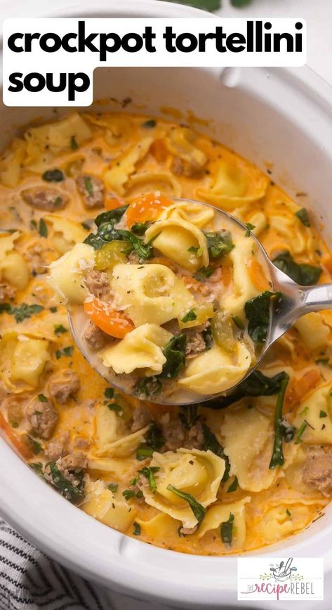 This easy Creamy Crockpot Tortellini Soup is comfort food as its very best! Tender bites of tortellini, bold Italian sausage and a medley of veggies are held together in a creamy tomato broth. #soup #slowcooker #crockpot  | crockpot soups | slow cooker soup recipes | crockpot meals | slow cooker recipes | comfort food | dinner ideas | dinner recipes | italian sausage soup Crockpot Recipes Easy Soup, Easy Tortellini Soup Crockpot, Crock Pot Soups And Stews Comfort Foods, Crock Pot Italian Sausage Soup, Creamy Pasta Soup Recipes, Taco Tortellini Soup, Creamy Italian Parmesan Sausage Soup Crockpot, Beef Tortellini Soup Recipes, Easy Cheap Dinner Recipes For Two