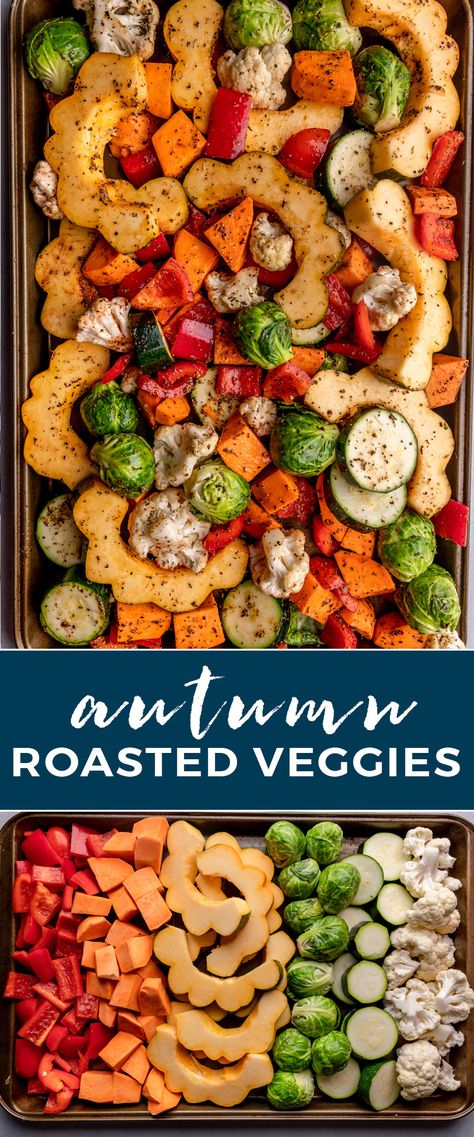 Simply, healthy, and easy roasted vegetables featuring your favorite fall veggies - acorn squash, sweet potatoes, cauliflower, brussels sprouts, and bell peppers. Acorn Squash Sweet, Roasted Fall Vegetables, Easy Roasted Vegetables, Fall Veggies, Acorn Squash Recipes, Roasted Vegetable Recipes, Vegetable Side Dishes Recipes, Acorn Squash, Squash Recipes