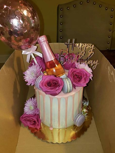 Alcohol Birthday Cake For Women, Pink Gin Birthday Cake, Cake Designs With Alcohol Bottles, Pink Birthday Cake With Alcohol Bottles, Birthday Cake Alcohol Bottle, Alcohol Birthday Cake, 21st Birthday Cakes, 21st Birthday, Themed Cakes