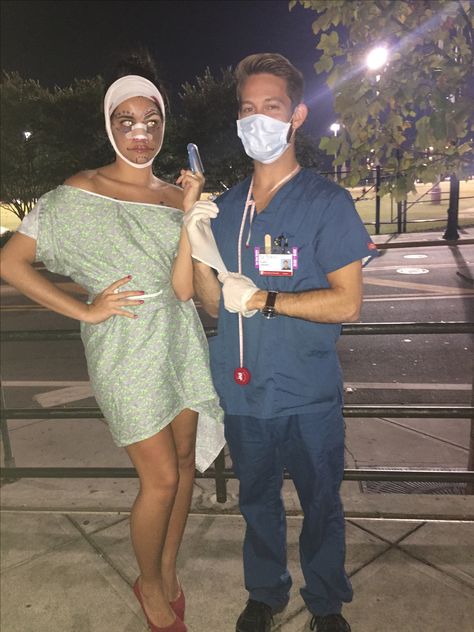 Doctor Costume Scrubs, Plastic Surgery Costume Couple, Doctor Nurse Couple Costume, Hospital Patient Halloween Costume, Haunted Hospital Costume Ideas, Plastic Surgeon And Patient Costume, Hospital Costume Ideas, Halloween Patient Costume, Black Leather Skirt Halloween Costume