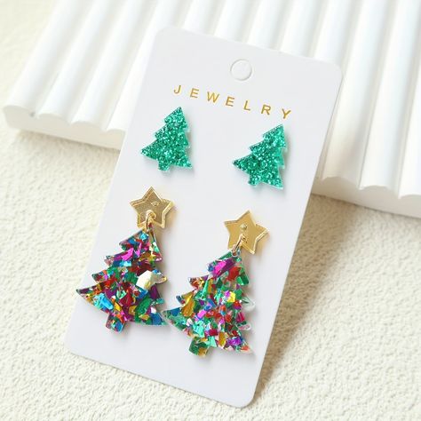 Beaded Christmas Tree Earrings Tutorials, Christmas Tree Beaded Earrings, Handmade Multicolor Christmas Earrings, Multicolor Holiday Dangle Earrings, Resin Christmas Tree Earrings, Christmas Tree Glitter, Christmas Party Gift, Acrylic Set, Holiday Wear