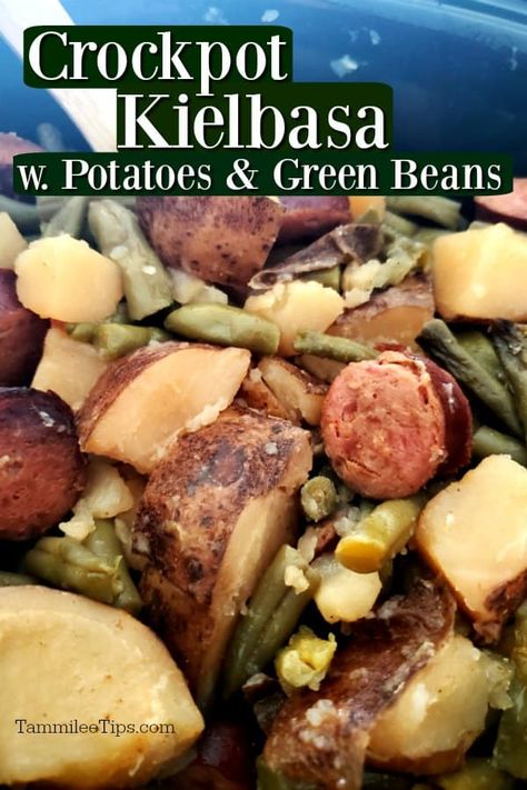 Crockpot For Crowd Dinners, Kiebalsa Crockpot Recipes, Polish Sausage And Potatoes Crockpot, Crockpot Kielbasa And Potatoes, Slow Cooker Kielbasa And Potatoes, Kielbasa And Potatoes Crockpot, Crockpot Kielbasa Recipes, Kielbasa Green Beans, Crockpot Keilbasa Recipes