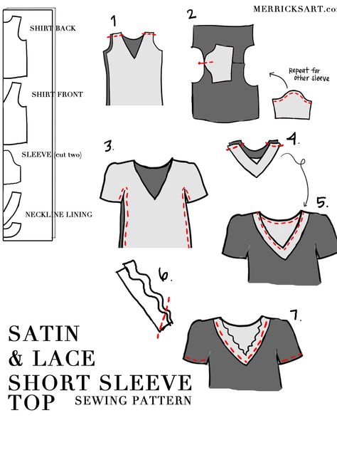 Silk Top Sewing Pattern with Lace Neckline | Merrick's Art Satin Blouse Pattern, Diy Lace Sleeves, Lace Top Patterns, Top Pattern Sewing, Lace Short Sleeve Top, Blouse Diy, Lace Neckline, Barbie Clothes Patterns, Blouse Pattern Sewing