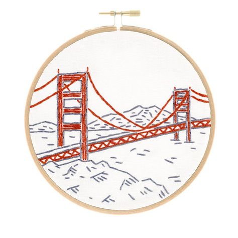 City Embroidery, Beginner Embroidery Kit, Beginner Embroidery, San Francisco Golden Gate Bridge, The Golden Gate Bridge, Learn Embroidery, Paper Embroidery, Embroidery Patterns Free, Silk Ribbon Embroidery