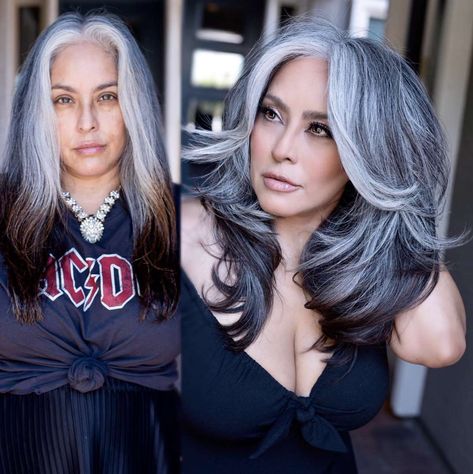 Grey Brown Hair, Haircut For Fine Hair, Elegance Hair, Gray Balayage, Butterfly Haircut, Salt And Pepper Hair, Professional Hair Color, Big Curls, Long Gray Hair