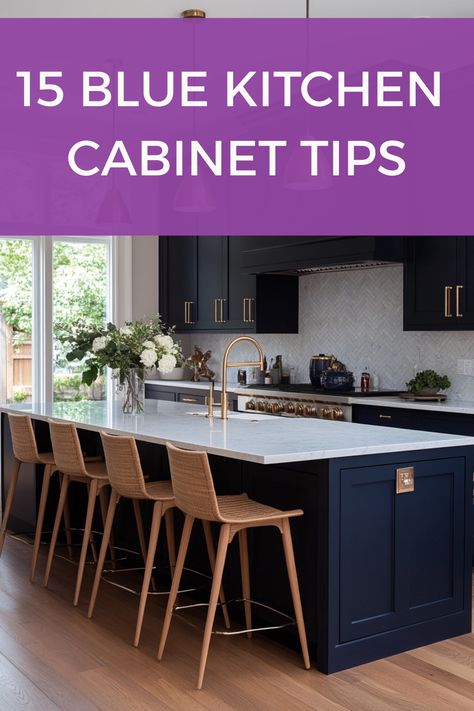 See how to use blue kitchen cabinets to their best effect with these tips and ideas. Blue Cubords, All Blue Kitchen Cabinets, Kitchens Blue Cabinets, Blue And White Kitchen Cabinets Modern, Kitchen Tiles Blue Cabinets, Nautical Blue Kitchen Cabinets, Ocean Blue Kitchen Cabinets, Modern Blue Kitchen Design, Lakehouse Kitchen Cabinets