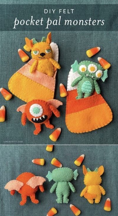 Felt Halloween Ornaments, Candy Corn Pattern, Paper Flower Ideas, Felt Candy, Halloween Felt Crafts, Crafts For Beginners, Halloween Sewing Projects, Pocket Pals, Felt Food Diy