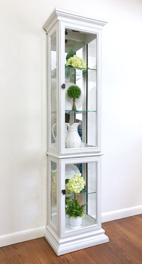 Curio cabinet makeover Green Curio Cabinet, Curio Cabinet Ideas, Corner Cabinet Decor, Curio Makeover, Curio Cabinet Makeover, Refurbished Items, Mirror Furniture, Curio Cabinet Decor, Curio Cabinets