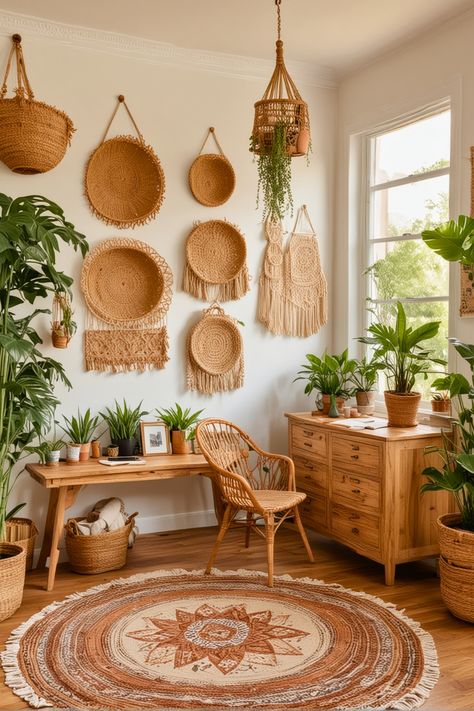 30 Stunning Boho Home Office Ideas That Will Boost Your Creativity – The Crafty Hacks Boho Home Office Ideas, Bohemian Home Office, Boho Home Office, Cozy Workspace, Personalized Gallery Wall, Home Office Room, Rustic Desk, Woven Chair, Artistic Space