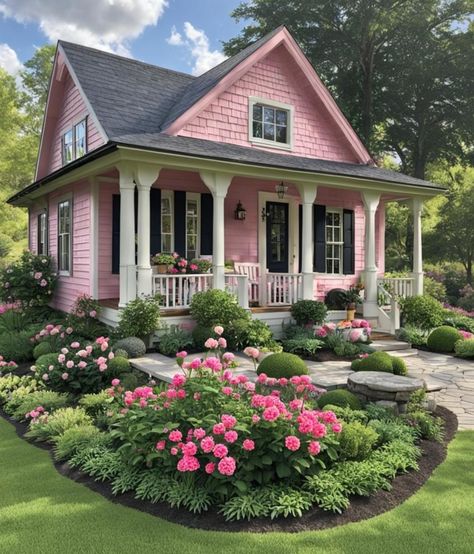 Pink House Exterior, America Aesthetic, Fairytale Houses, Cute Cottages, Dream Country, Tiny House Village, Front Gardens, Pink Cottage, Cottage Exterior