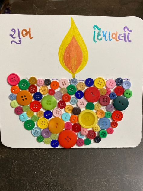 Used buttons and says Happy Diwali !! Happy Diwali Decoration Ideas, Divali Ideas Preschool, Dusshera Crafts For Kids, Diwali Activity For Preschool, Diwali Craft For Kindergarten, Diwali Preschool Crafts, Diwali Arts And Crafts For Kids, Diwali Activity For Kids In School, Deepavali Art And Craft For Kids